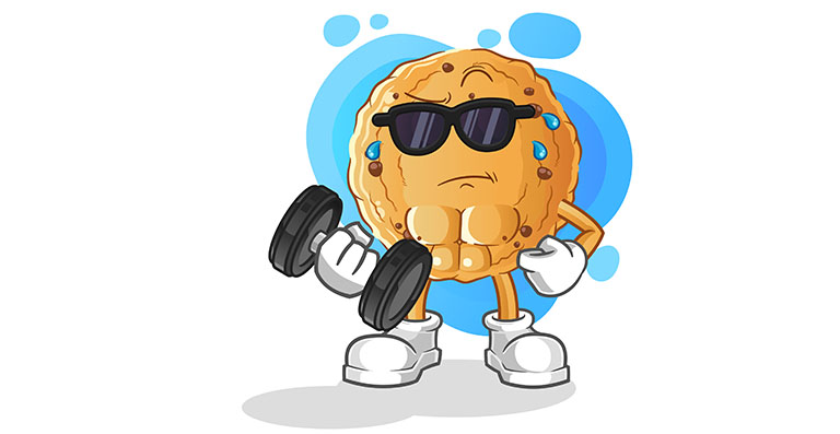 Ilustracja pliku cookie z hantlem – polityka cookies FitMed